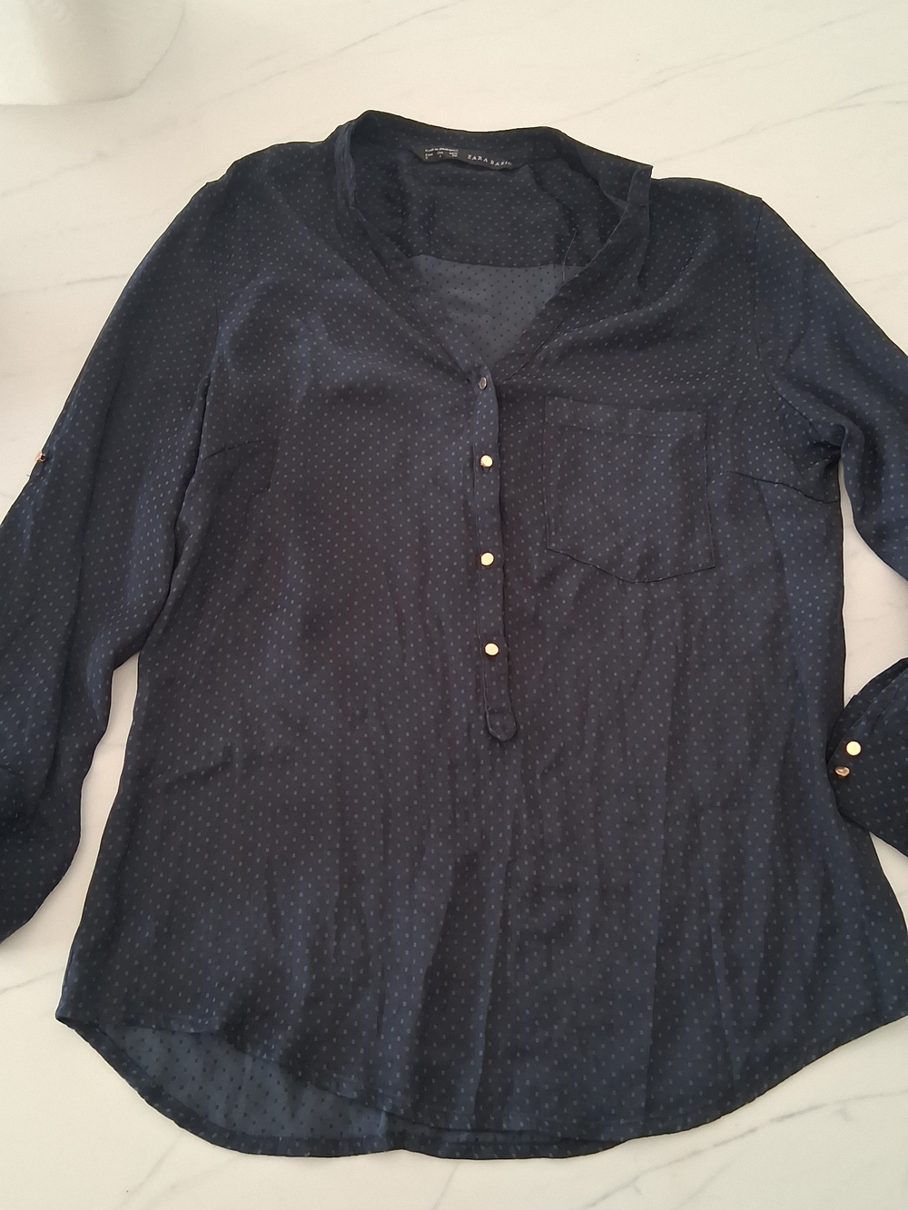 Zara Navy Dot Button-Front Henley Blouse